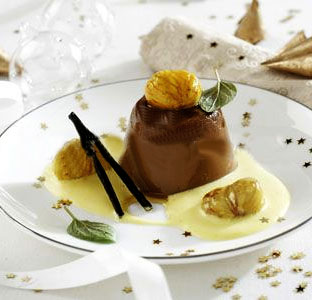 Flan de chocolate y castañas a la vainilla