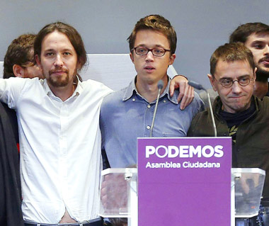 El líder de Podemos, Pablo Iglesias, junto a Juan Carlos Monedero e Iñigo Errejón