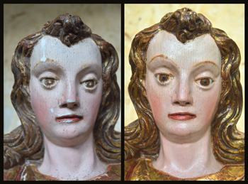 Rostro de san Miguel antes y después ser restaurado Rostro de san Miguel antes y después ser restaurado