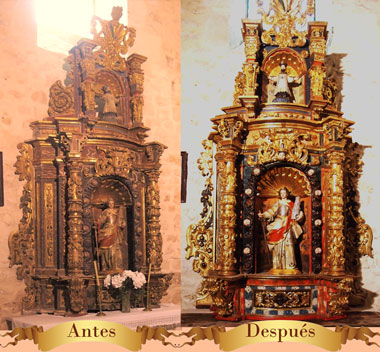 Aspecto del retablo antes y después de ser restaurado